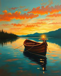 A painting depicts a boat adrift on a lake at sunset, rendered in a striking palette of warm terracotta and cool teal hues. T