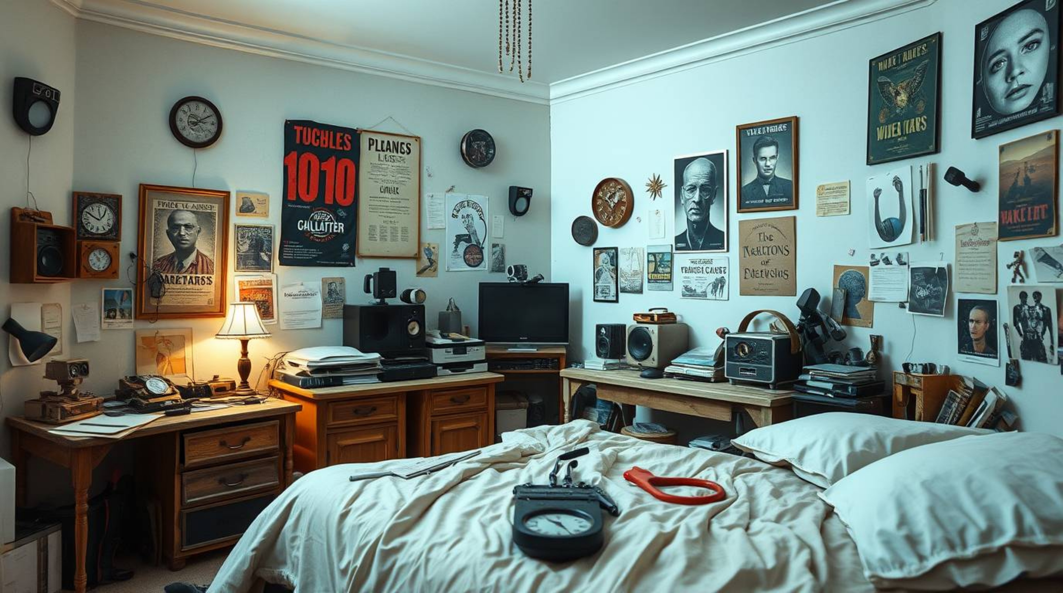 Explore a gracefully messy bedroom, an elegant chaos featuring an eclectic mix of weird gadgets and striking posters. This un