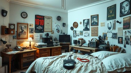 Explore a gracefully messy bedroom, an elegant chaos featuring an eclectic mix of weird gadgets and striking posters. This un
