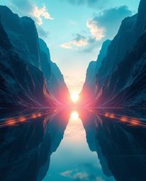 A modern, futuristic, and epic scene of a glassy fjord reflecting a sunset is depicted on a grand scale. Featuring heroic ele