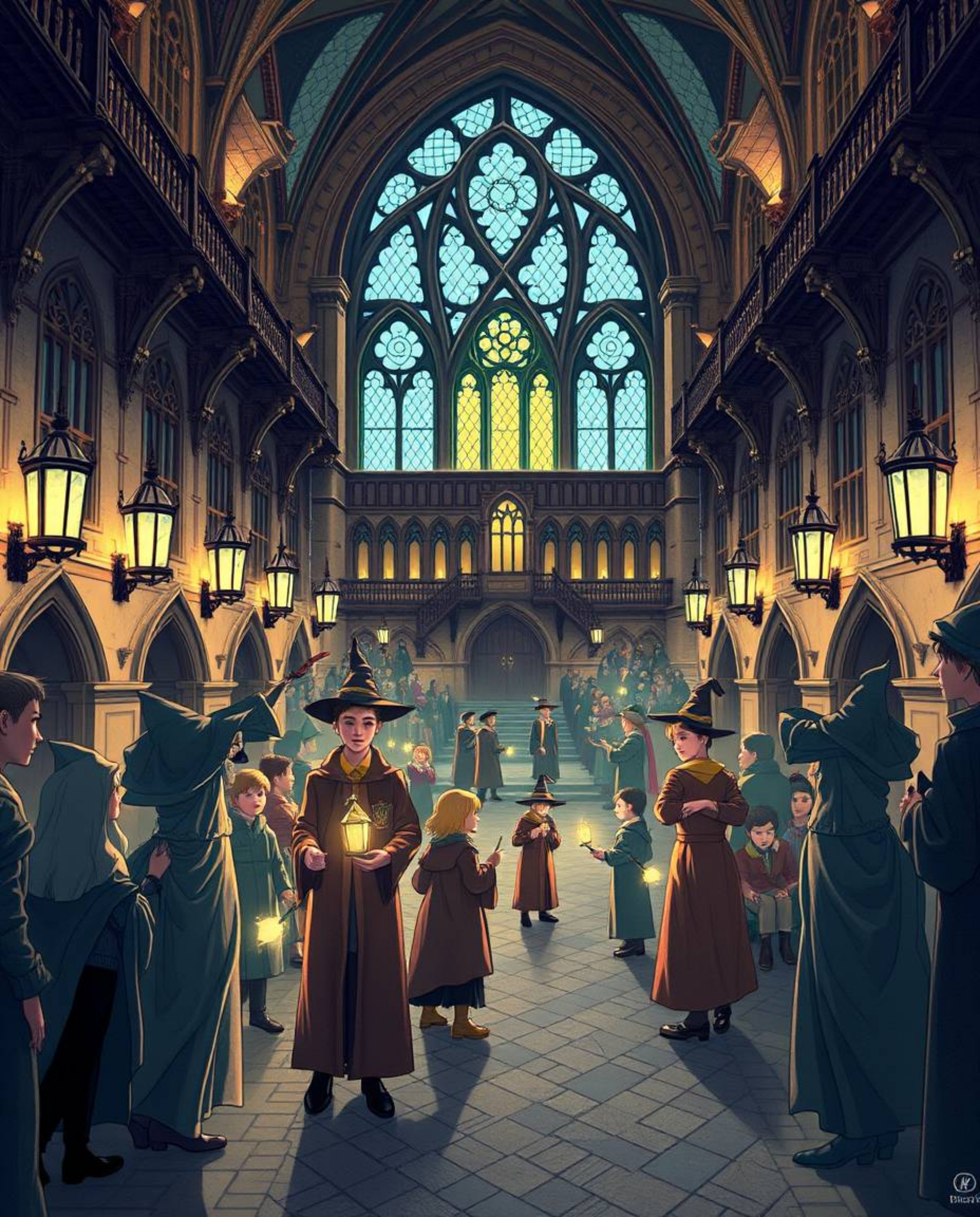 This illustration depicts a magical school brimming with young wizards, rendered in a graceful and elegant style.  The refine