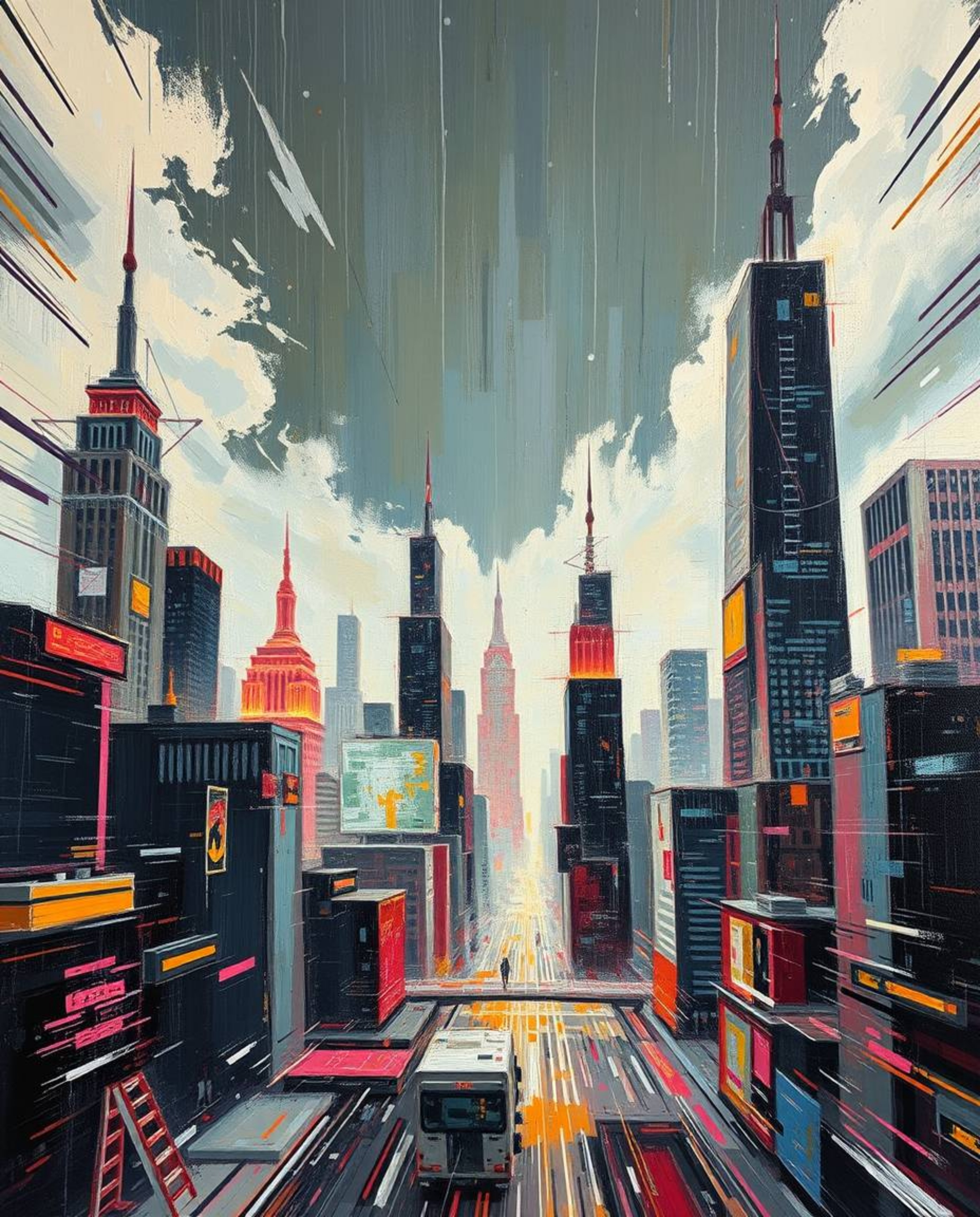 A captivating blend of classic and digital art. This dynamic oil painting depicts a glitchy digital landscape featuring disto