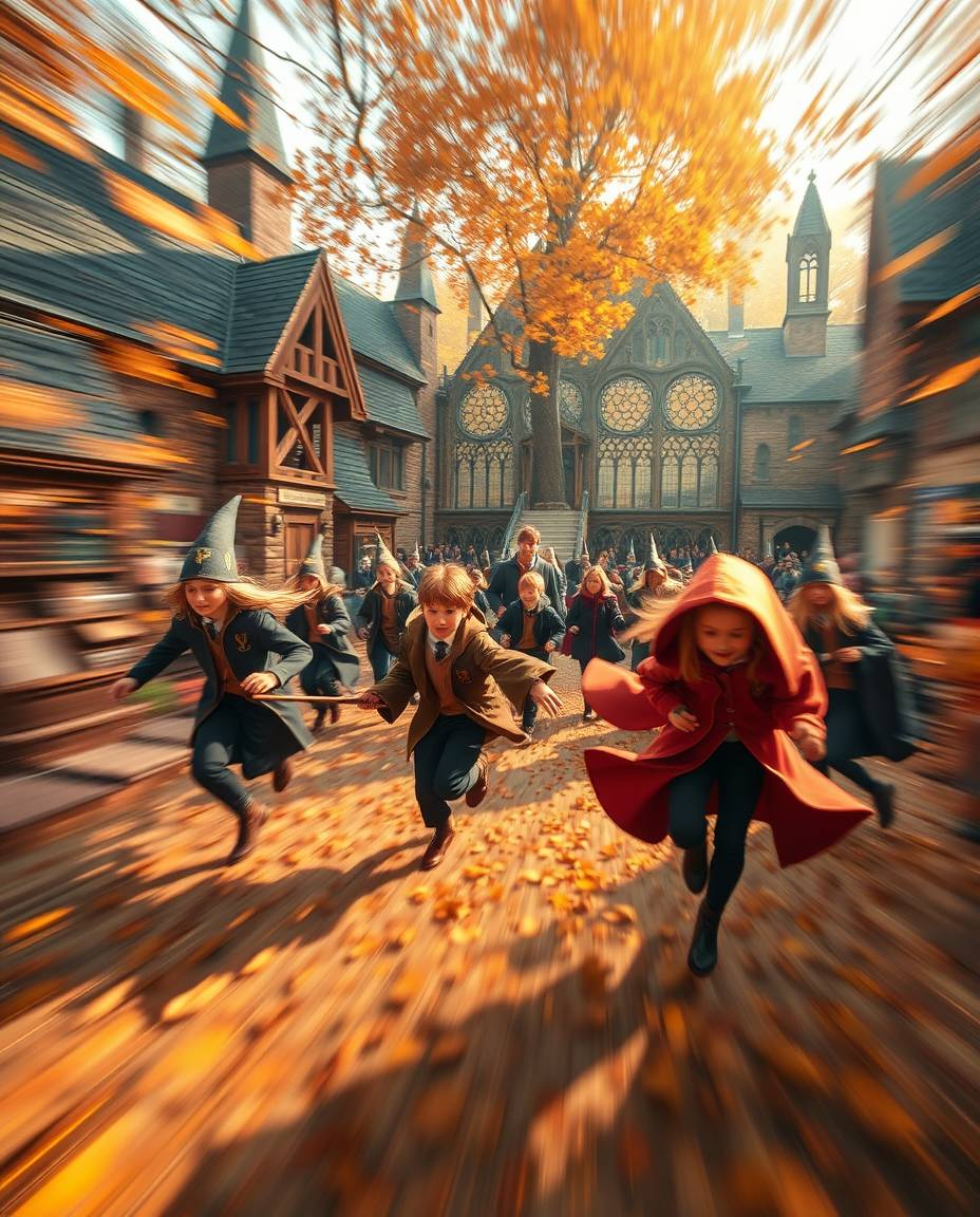 Immerse yourself in a magical school filled with young wizards, captured in dynamic motion against a backdrop of warm autumn 
