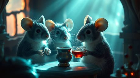 Immerse yourself in a rich, deep teal scene featuring anthropomorphic mice with soft fur, enjoying tea in a hazy cottage. Vol