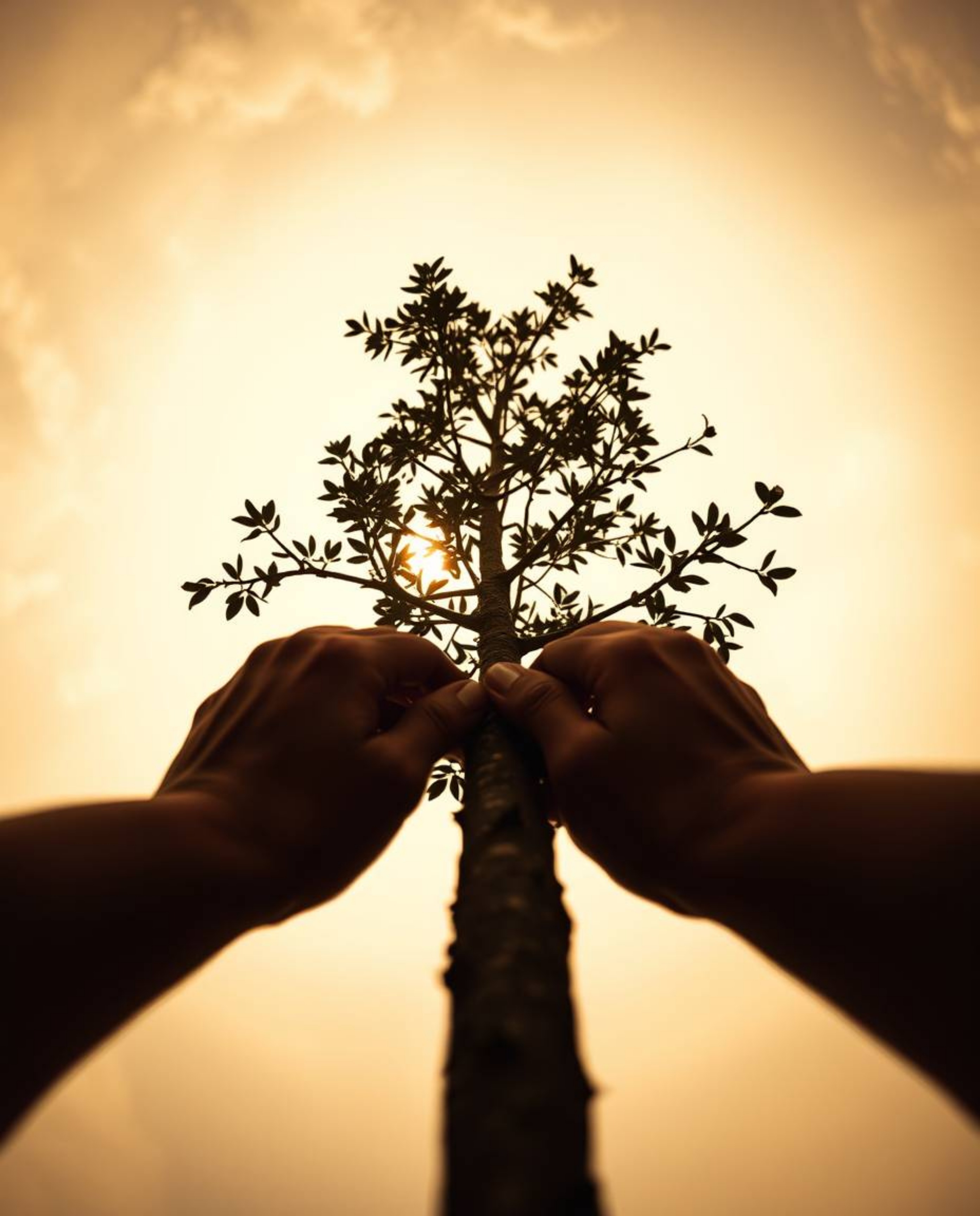 A moody, high-angle photograph captures hands planting a tree beneath a breathtaking golden sky.  The low contrast and strong