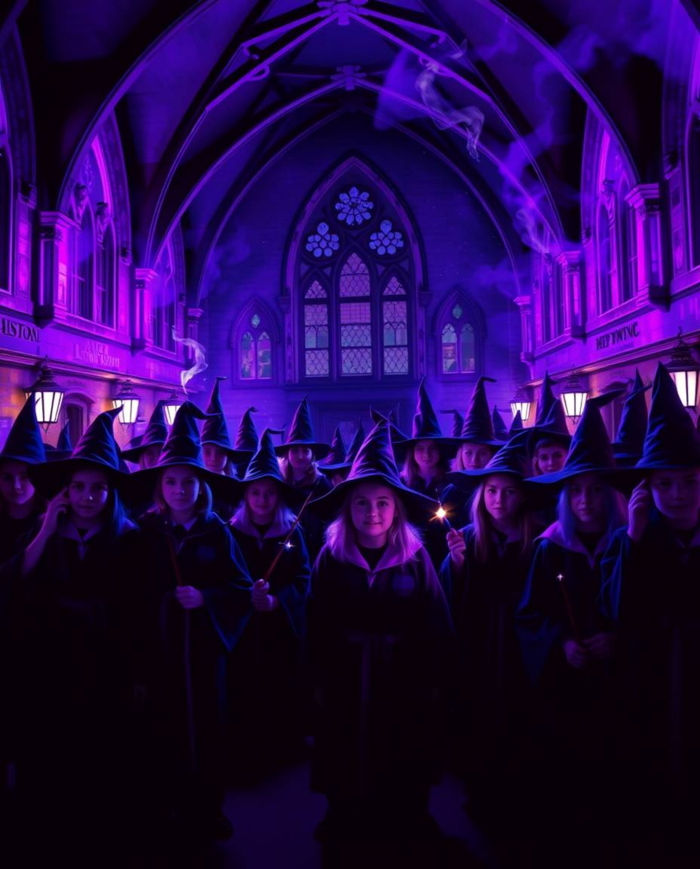 Discover a captivating image of a magical school brimming with young wizards, rendered in striking deep ultraviolet hues.  Ex