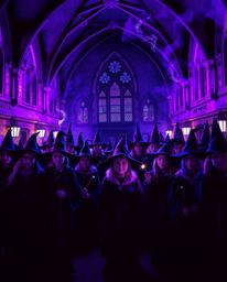 Discover a captivating image of a magical school brimming with young wizards, rendered in striking deep ultraviolet hues.  Ex