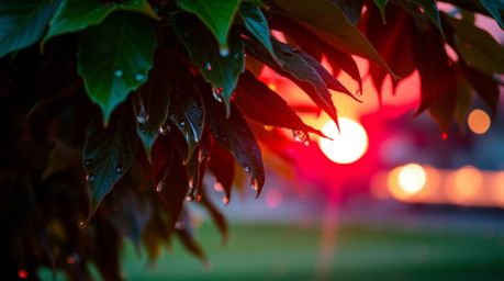 Capture the vibrant energy of a long exposure photograph featuring a stunning sunset reflected in delicate raindrops on leave