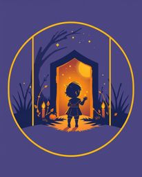 A captivating logo design inspired by warm candlelight, depicting a child's discovery of a magical portal in their backyard.