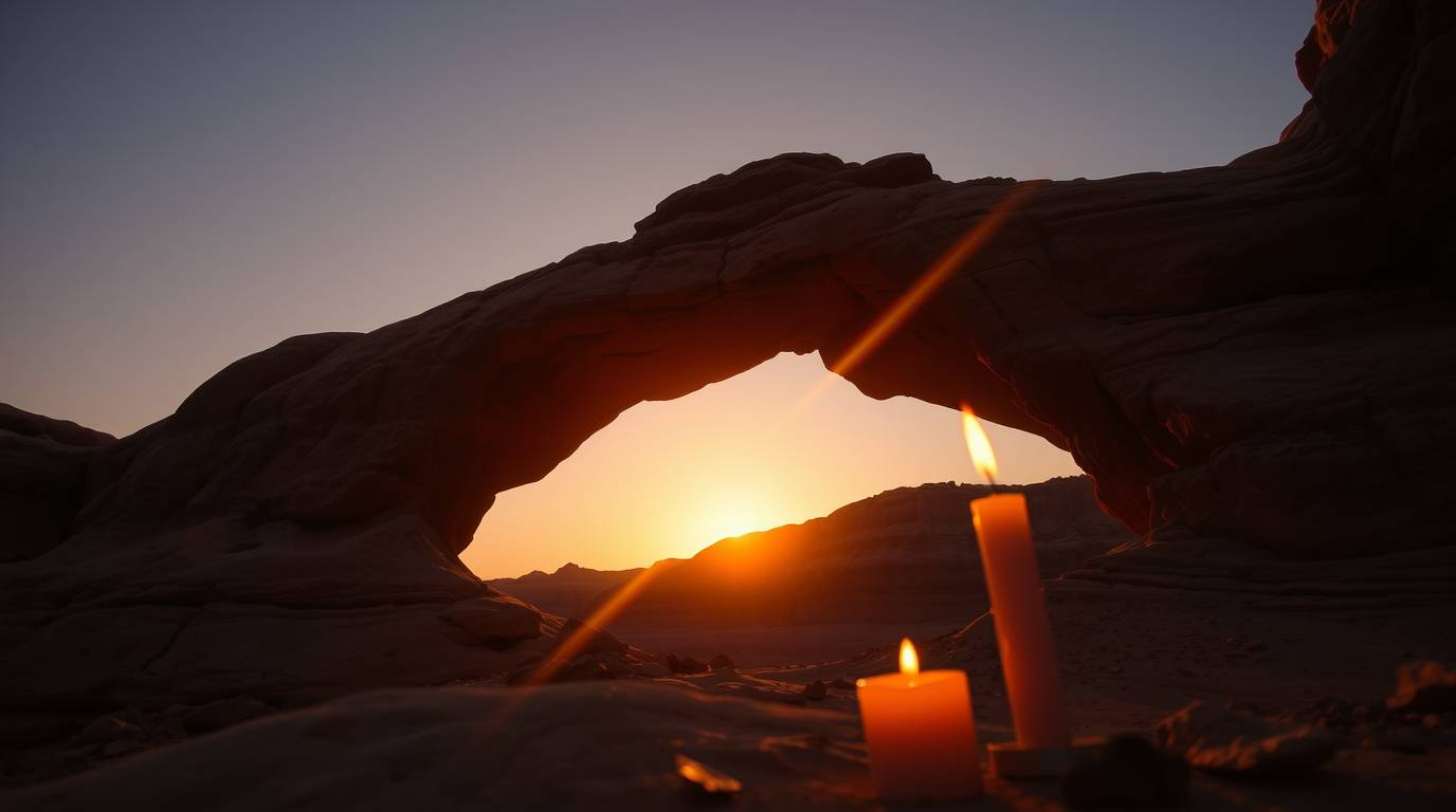 Experience the breathtaking beauty of a desert sunset viewed through a natural rock arch.  Flickering candlelight adds a warm