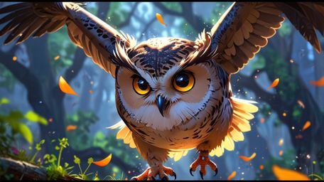 In a charming blend of Pixar and anime aesthetics, a wise blind owl serves as a flight instructor to other birds. The artwork