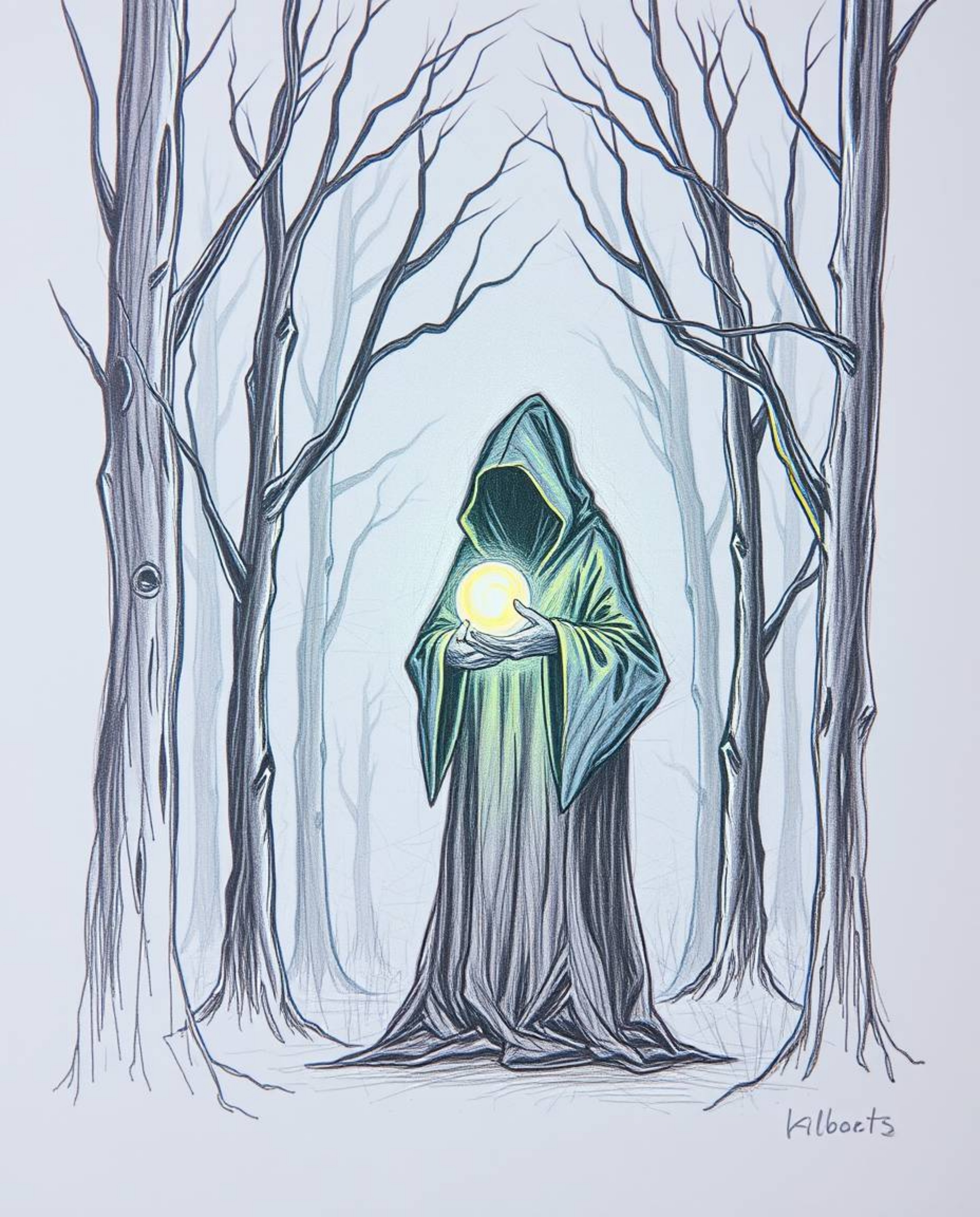 A captivating and unsettling hand-drawn sketch depicts a cloaked figure holding a glowing orb amidst a misty forest. The artw