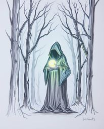 A captivating and unsettling hand-drawn sketch depicts a cloaked figure holding a glowing orb amidst a misty forest. The artw