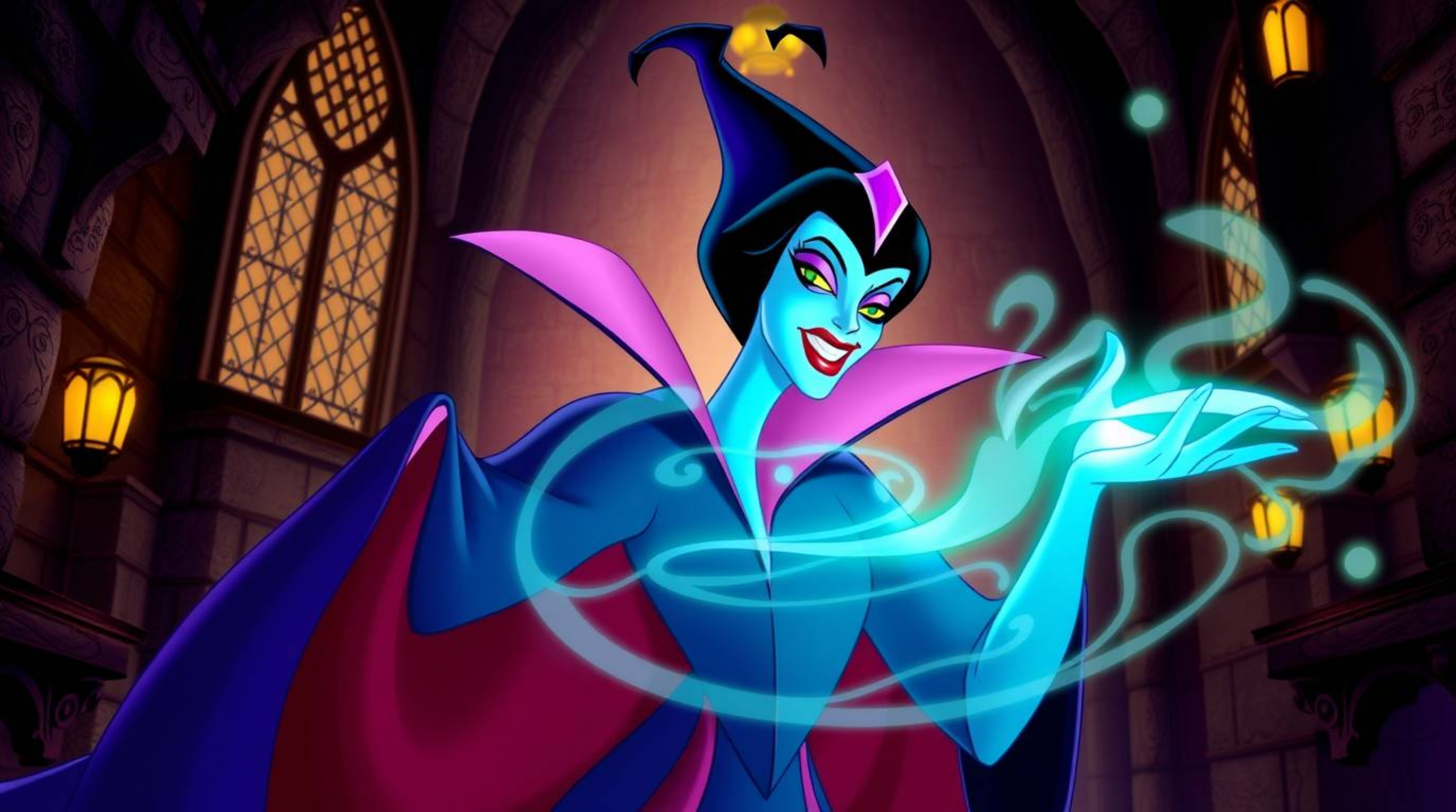 A classic Disney villain, characterized by refined and elegant features, is casting a spell within the aged walls of an old c