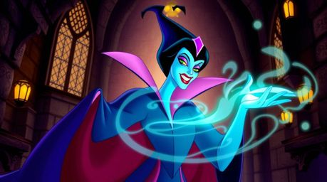 A classic Disney villain, characterized by refined and elegant features, is casting a spell within the aged walls of an old c