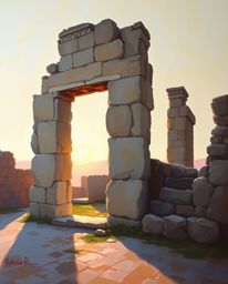 A classic oil painting depicting ancient stone ruins at sunset, casting soft and gentle shadows. This soothing artwork featur