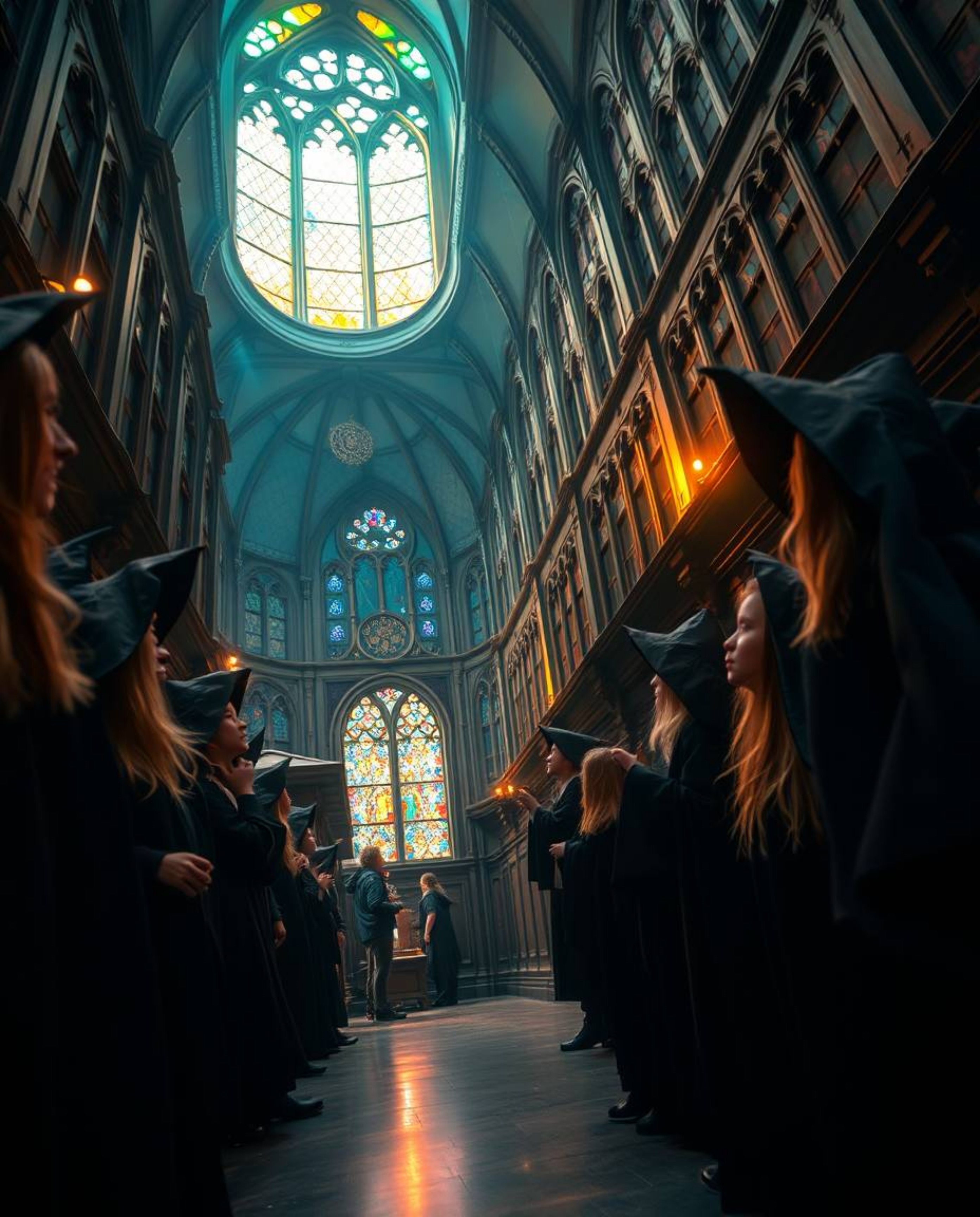Discover a captivating image of a magical school filled with young wizards, captured from a low-angle perspective.  The scene