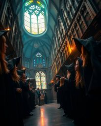 Discover a captivating image of a magical school filled with young wizards, captured from a low-angle perspective.  The scene