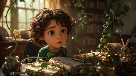In a highly detailed, vibrant, and whimsical cinematic photograph reminiscent of Pixar's storytelling, a young homeschooled g