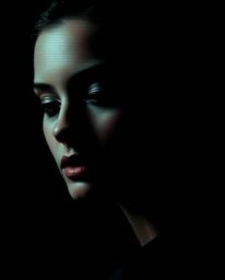 A stunning digital glitch art portrait showcasing high contrast, low-key lighting, and a pixelated style.  The image features