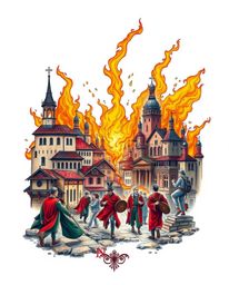 This striking art print features a symbolic traditional tattoo design depicting a city ablaze, with figures fleeing in vibran