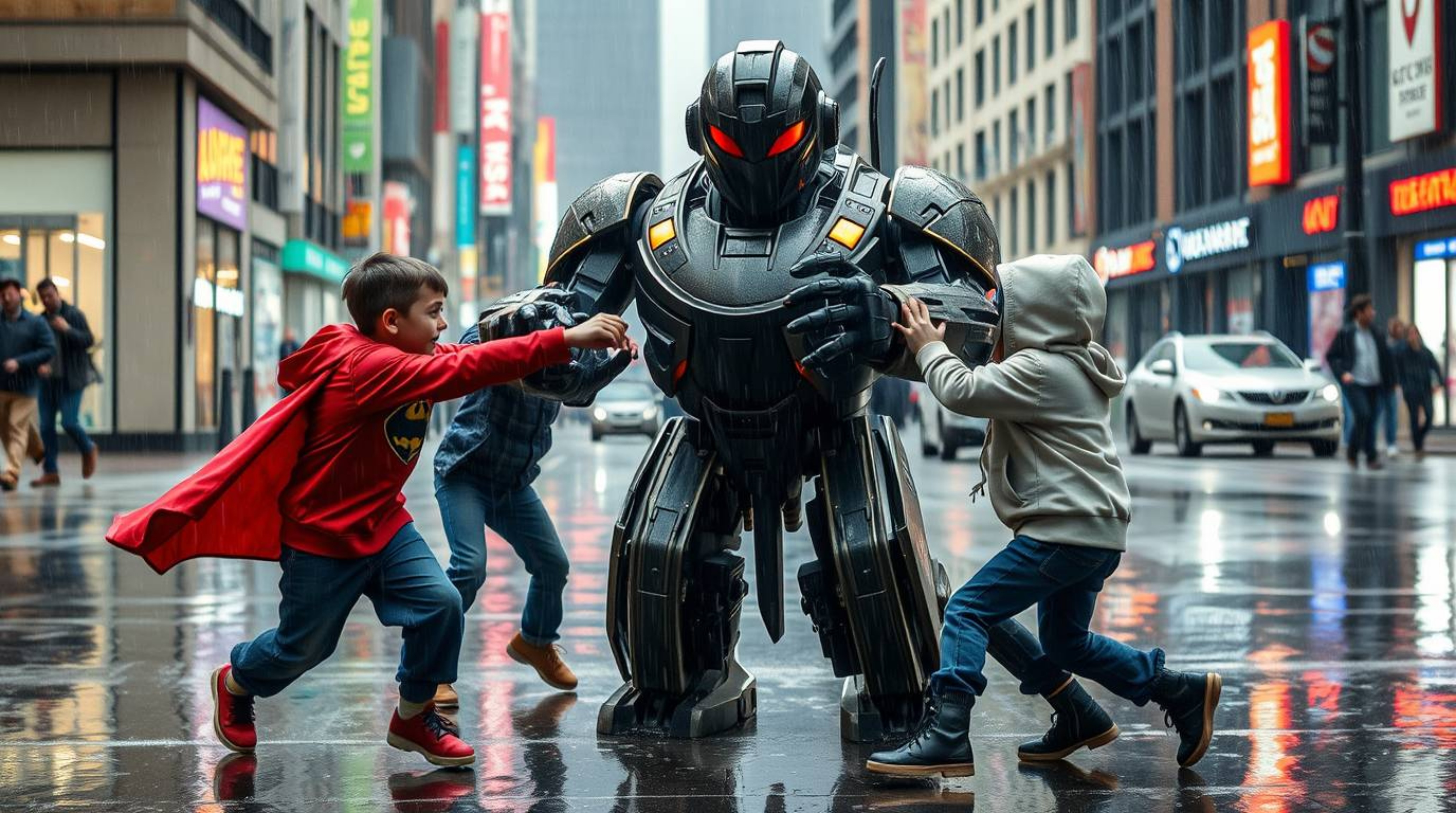 Candid street photography captures the raw and spontaneous moment of three superpowered children engaged in an intense battle