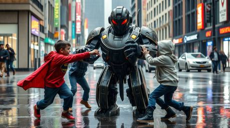 Candid street photography captures the raw and spontaneous moment of three superpowered children engaged in an intense battle