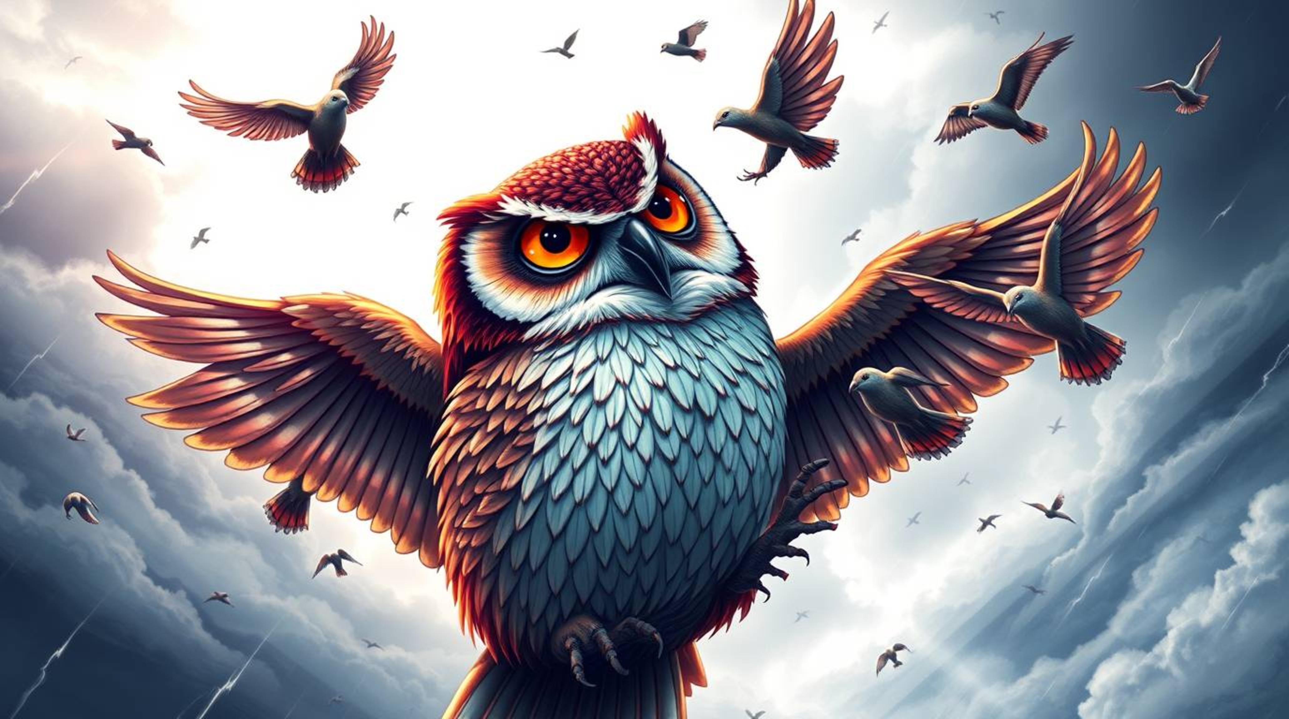Imagine a heartwarming scene: a blind owl, rendered in vibrant Pixar style, bravely teaching a flock of birds how to fly agai