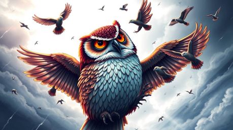 Imagine a heartwarming scene: a blind owl, rendered in vibrant Pixar style, bravely teaching a flock of birds how to fly agai