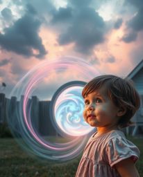 A child with rosy cheeks and bright eyes stumbles upon a swirling, iridescent portal in their backyard, a scene bathed in sof