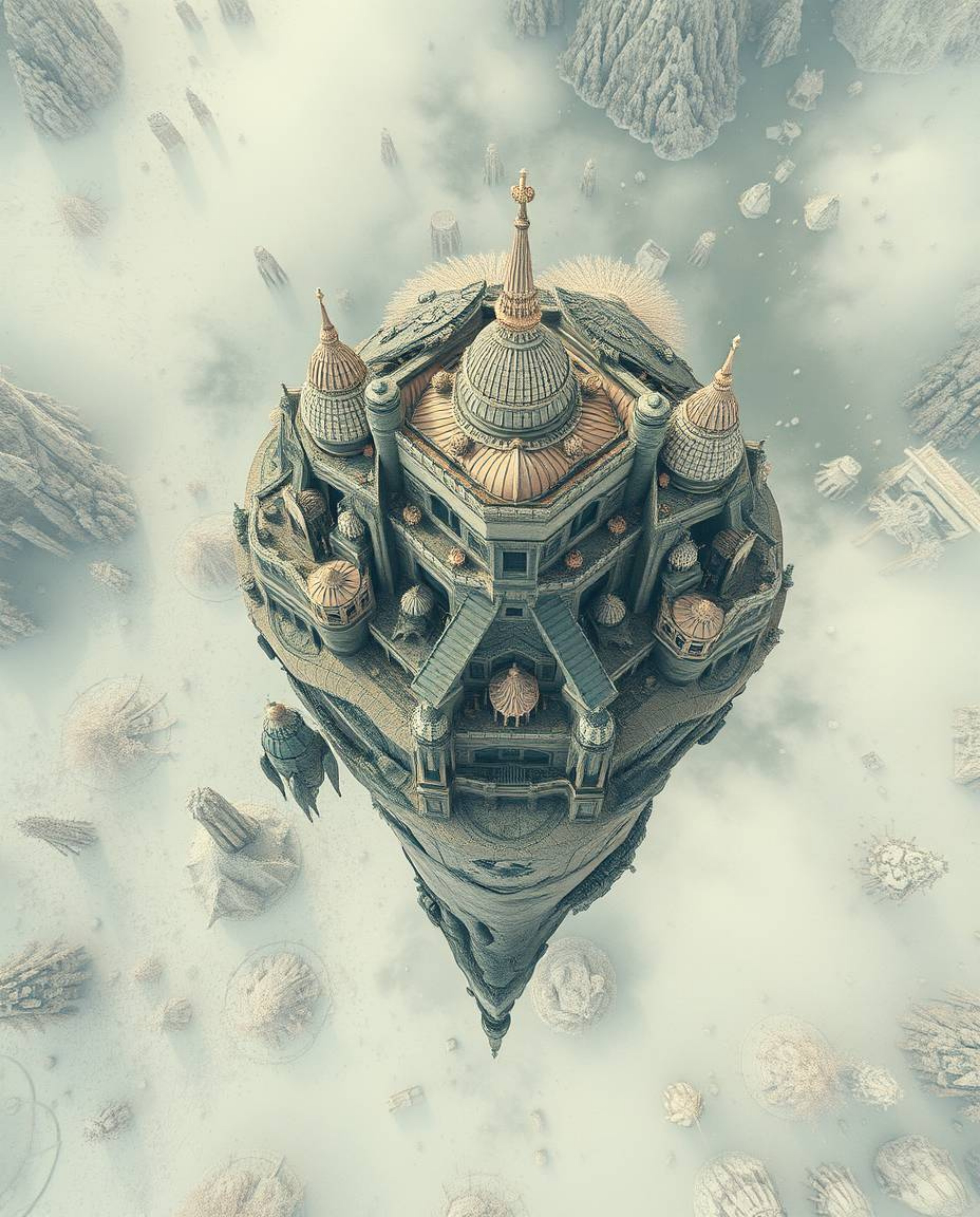 Explore a breathtaking surreal floating island boasting strange and captivating architecture, captured from an overhead bird'