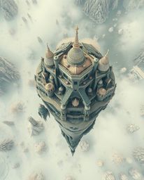 Explore a breathtaking surreal floating island boasting strange and captivating architecture, captured from an overhead bird'