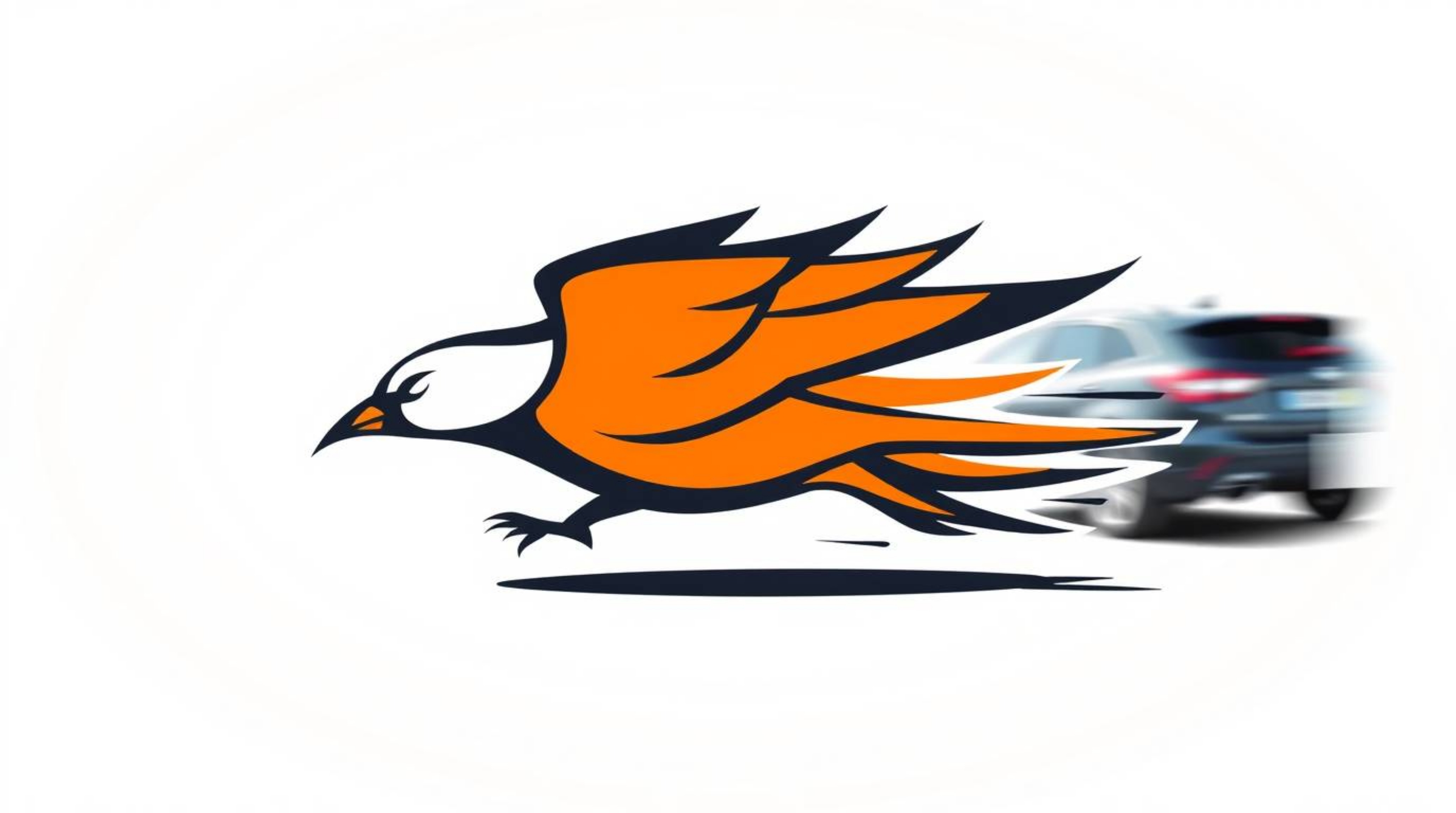 This logo design features a dynamically posed, fast-running bird speeding past traffic, conveying speed and efficiency.  The 
