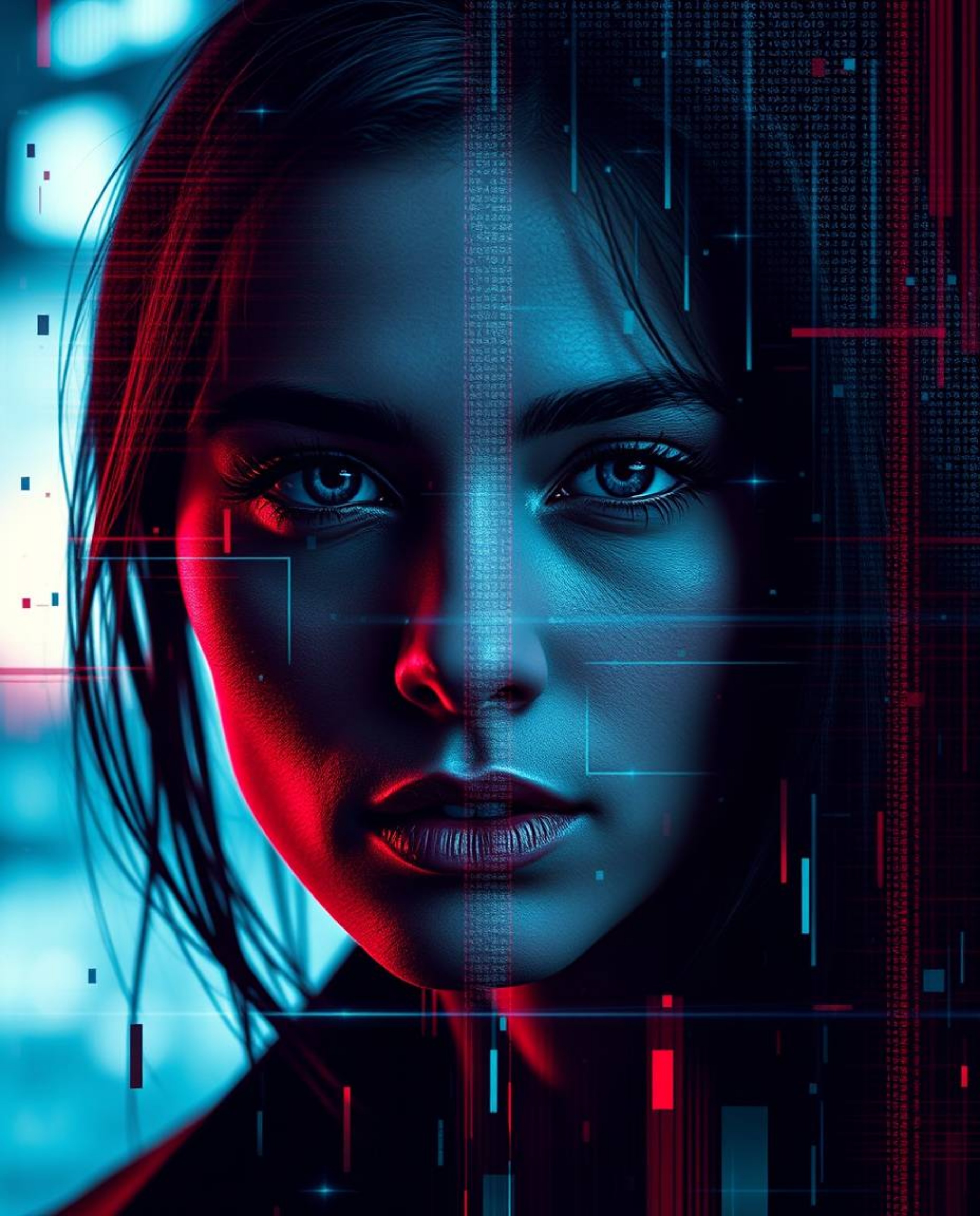 Explore a stunning digital glitch art portrait featuring corrupted data aesthetics and a pixelated style. This piece blends r