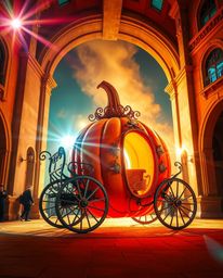 A magical pumpkin transforms into a stunning carriage in this precise architectural color photograph. The image bursts with v