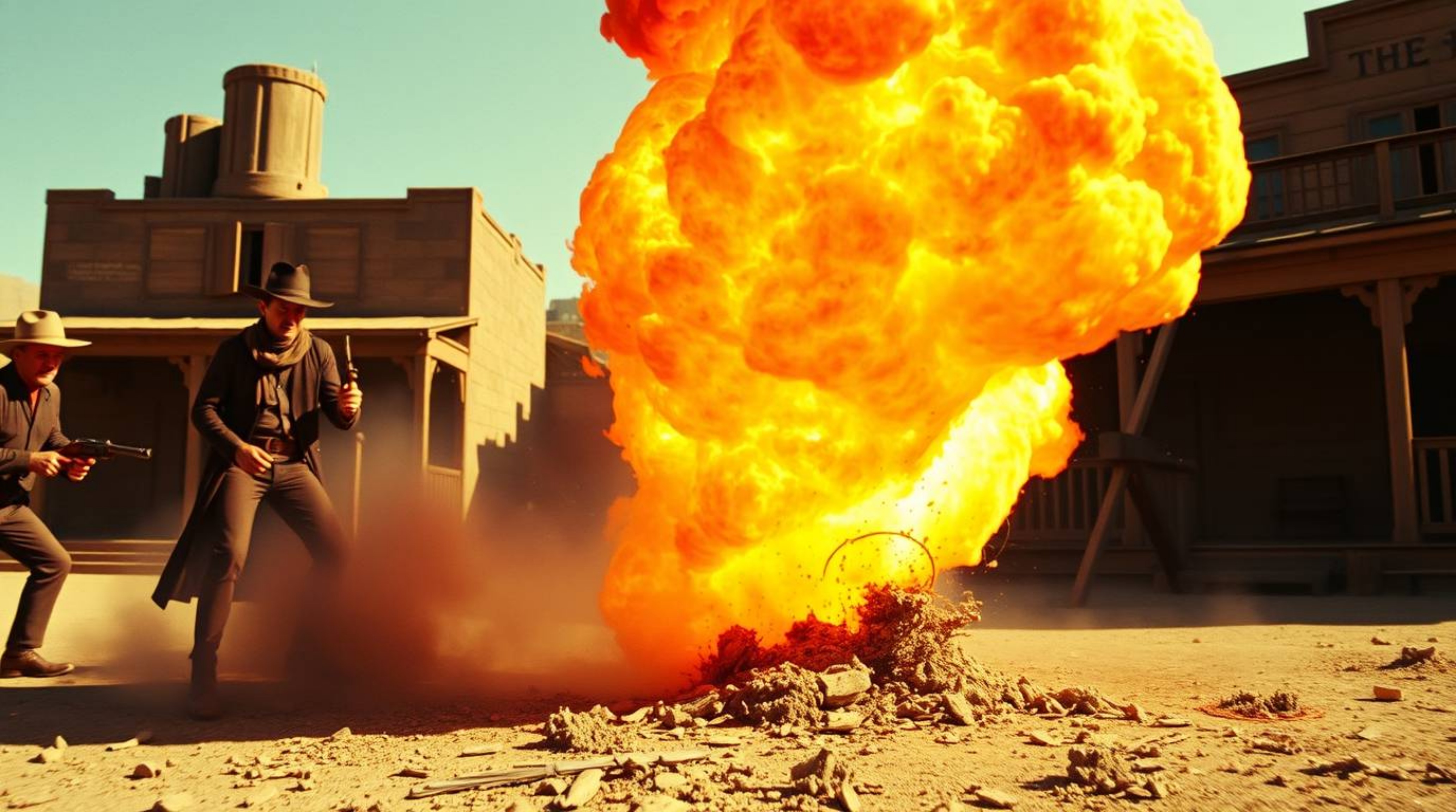 Experience a classic exploding TNT gag set in the wild west, captured in a tight close-up shot with distinct split sections a