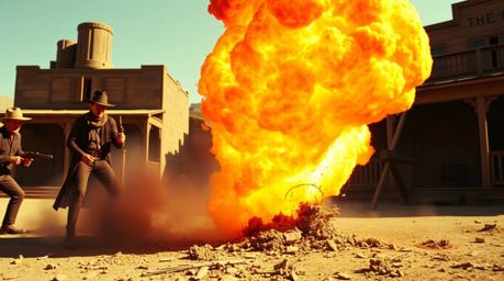 Experience a classic exploding TNT gag set in the wild west, captured in a tight close-up shot with distinct split sections a