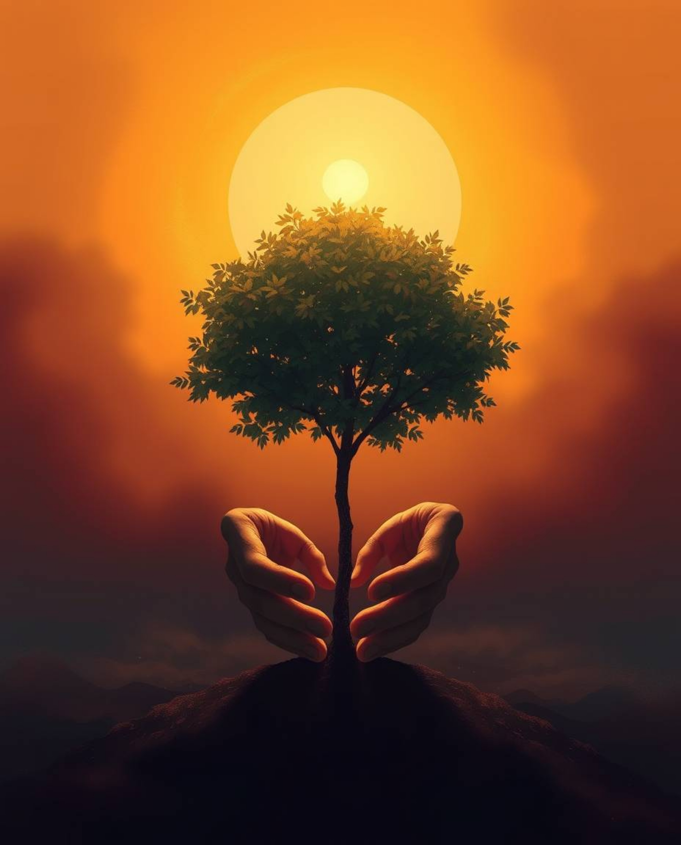 A sophisticated and elegant digital painting showcases hands gently planting a tree beneath a radiant golden sky. The artwork