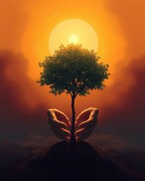 A sophisticated and elegant digital painting showcases hands gently planting a tree beneath a radiant golden sky. The artwork