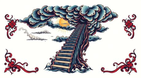 This artwork features a dramatic, high-contrast scene of a staircase rising from the ocean into a stormy sky, illuminated by 