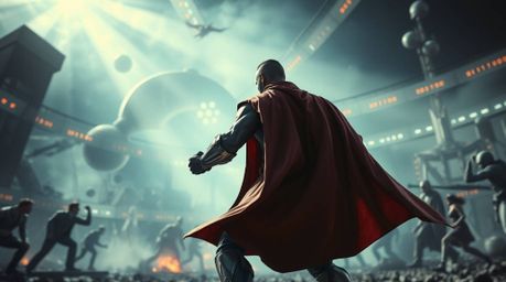 A grand and epic scene unfolds, depicting a powerful superhero with a flowing cape locked in battle against a silly and comic