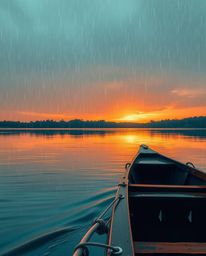 A tranquil scene depicts a boat on a lake at sunset, gently touched by drizzling rain. The color palette is a beautiful study