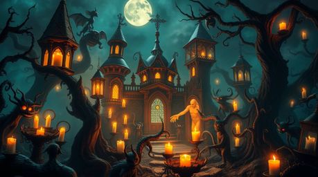Explore a captivating fantasy kingdom teeming with quirky magical creatures, bathed in the warm glow of candlelight that cast