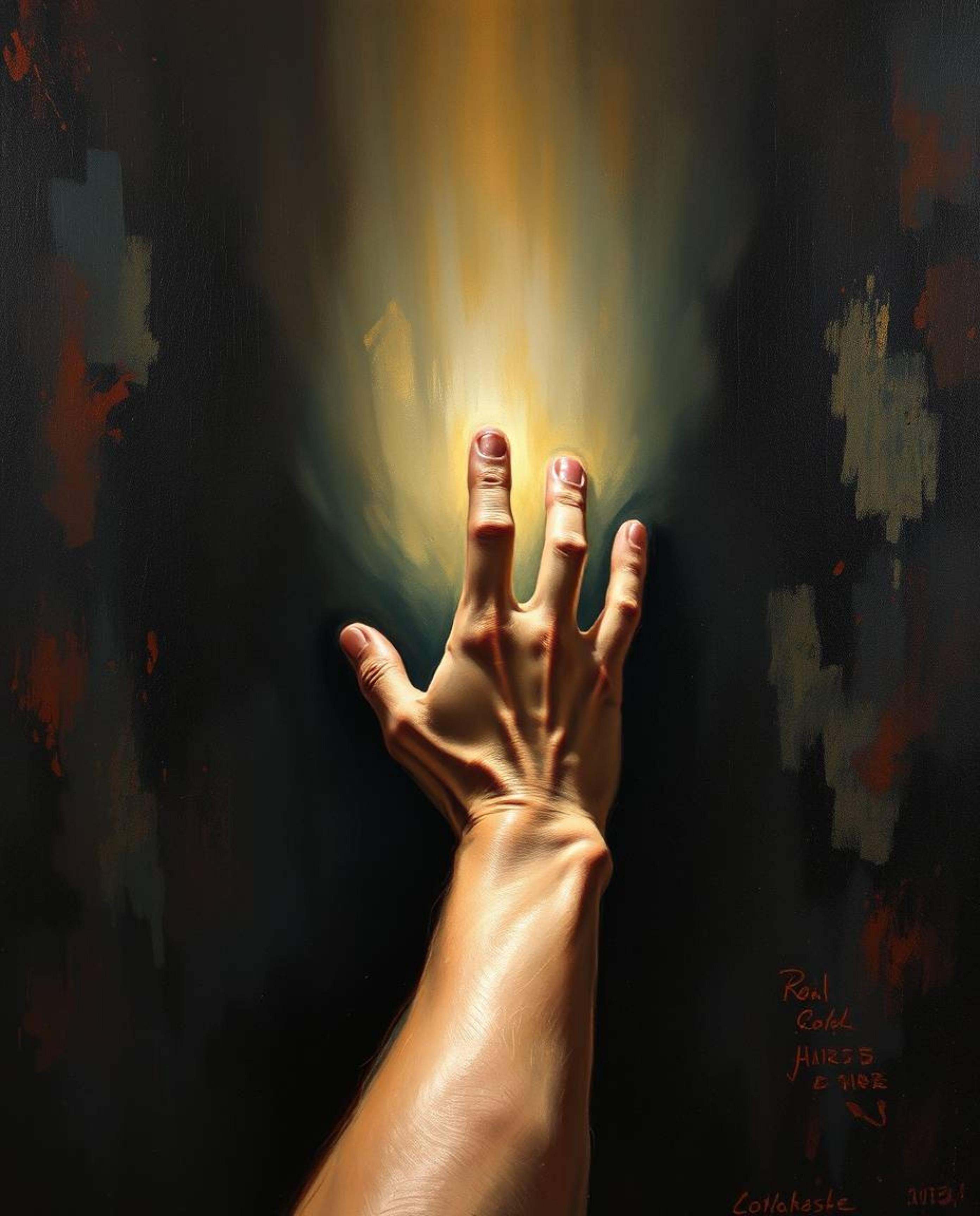 A captivating classic oil painting depicts a hand emerging from darkness, reaching towards a radiant light.  The artwork show