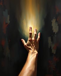 A captivating classic oil painting depicts a hand emerging from darkness, reaching towards a radiant light.  The artwork show