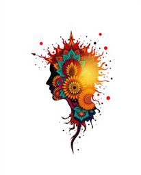 This art print features a warm, golden glow emanating from a symbolic traditional tattoo design. Colorful splash patterns art