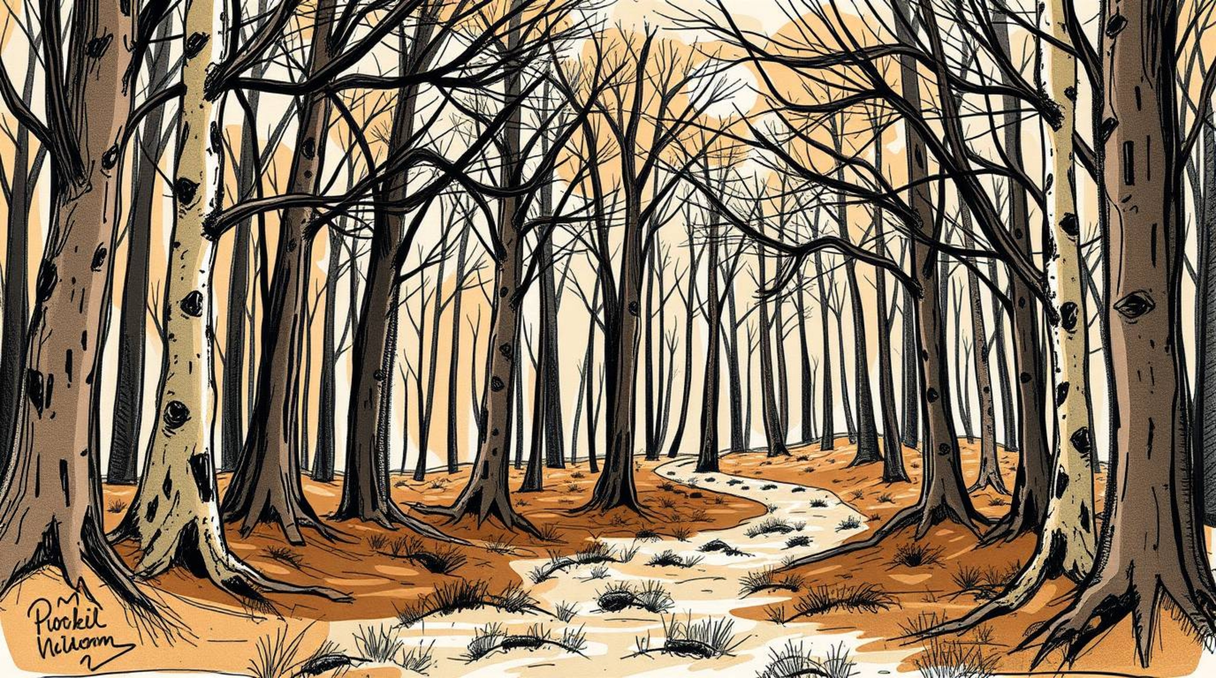 A captivating hand-drawn sketch depicting a thrilling chase through a looping forest.  The artwork features natural earth ton