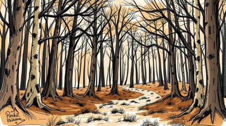 A captivating hand-drawn sketch depicting a thrilling chase through a looping forest.  The artwork features natural earth ton