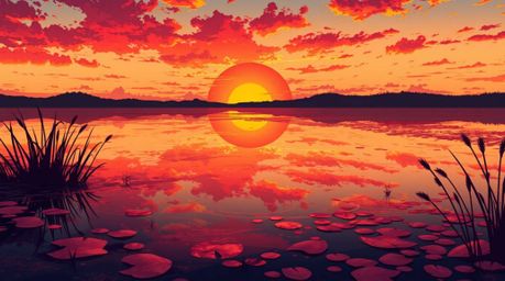 A warm Isekai anime-style illustration captures a serene pond mirroring a vibrant sunset, utilizing an expressive composition
