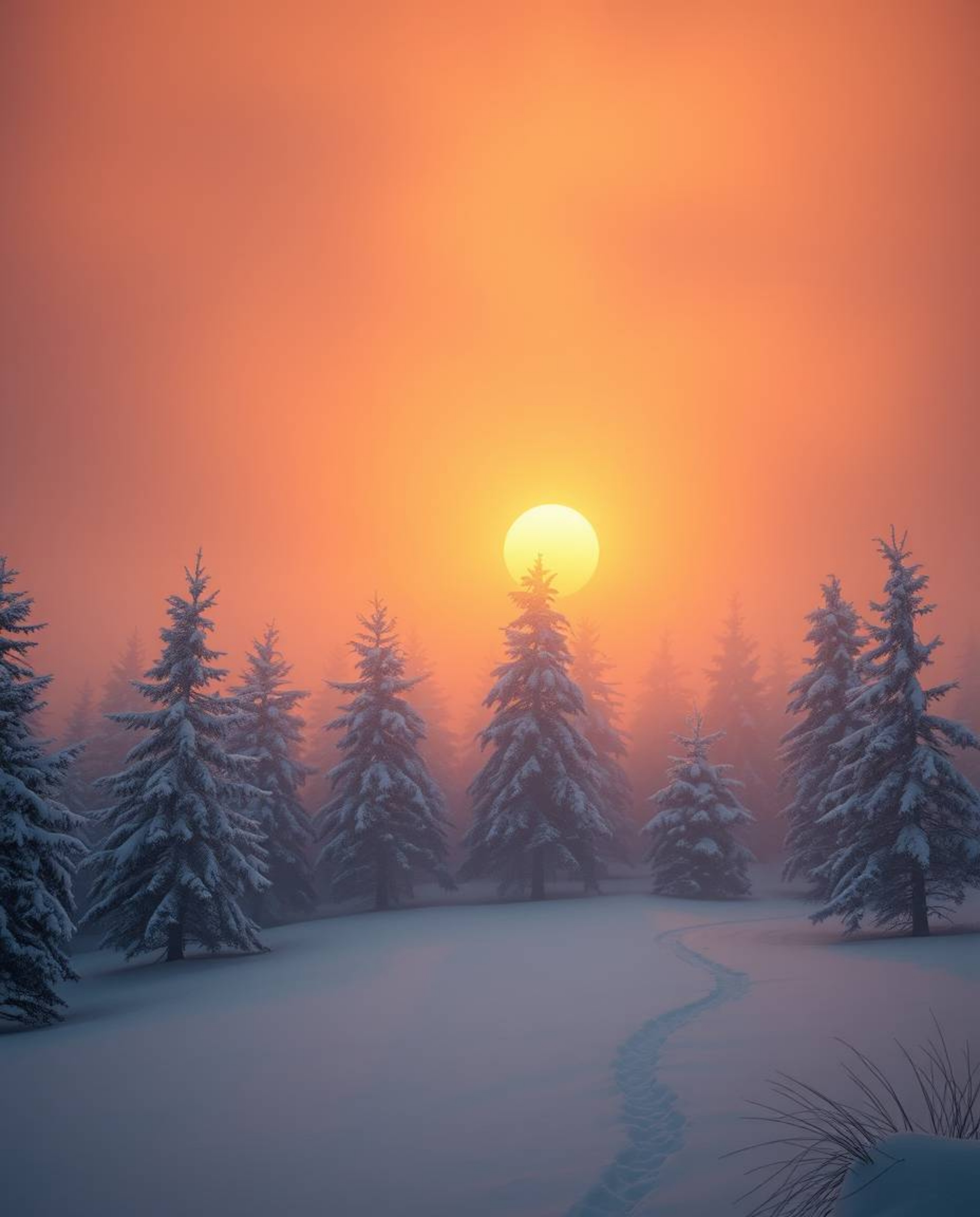 A photograph depicts a grand, epic scene of sunset light sparkling on snowy pine trees within a modern future setting. The la
